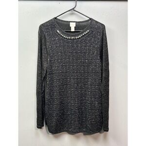 Chicos Sweater Womens 2 Black‎ Metallic Embellished Neckline Long Sleeve Top